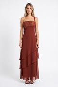 Rust one-shoulder tiered chiffon maxi dress — front