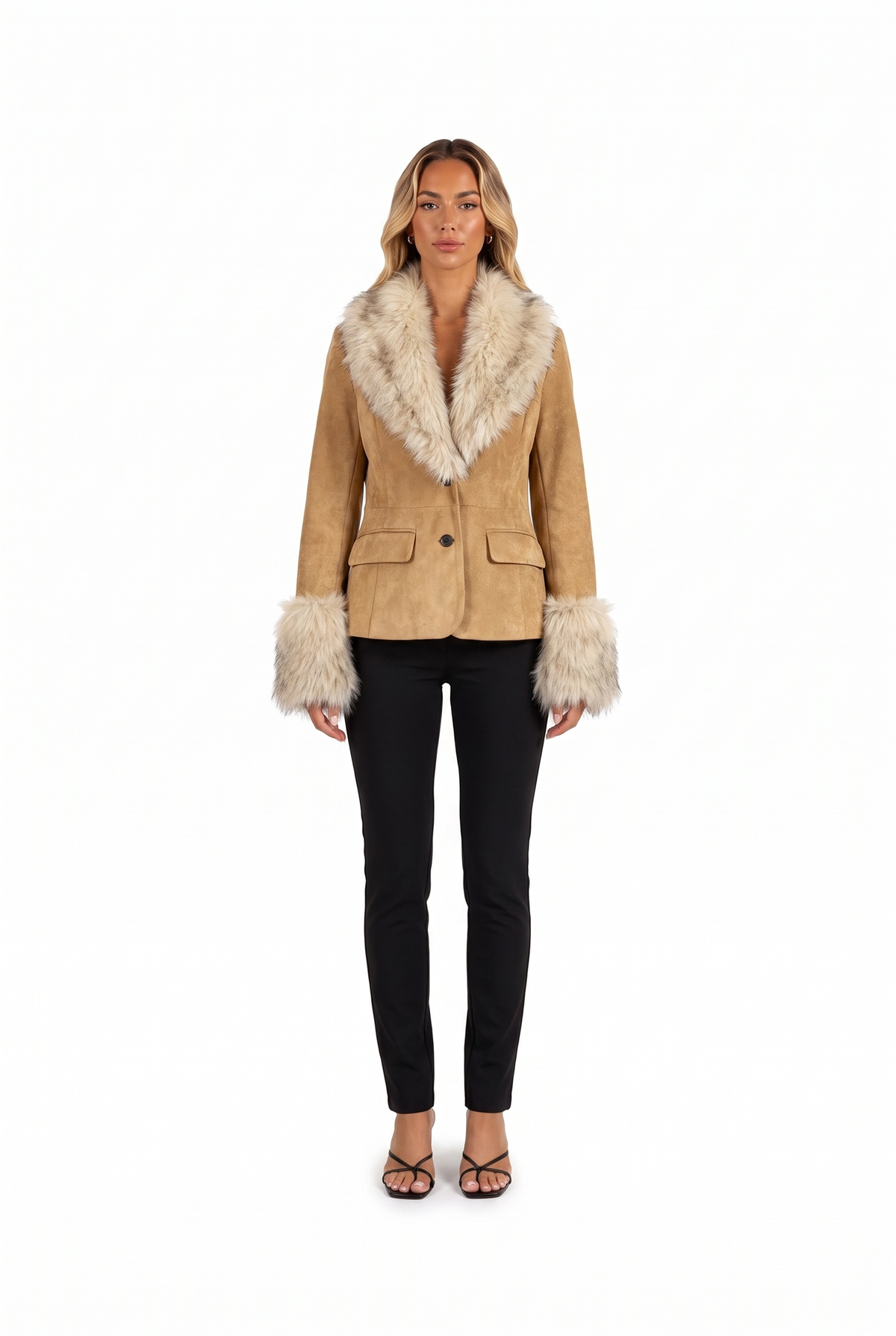 Camel faux-suede blazer with faux fur collar and cuffs — front