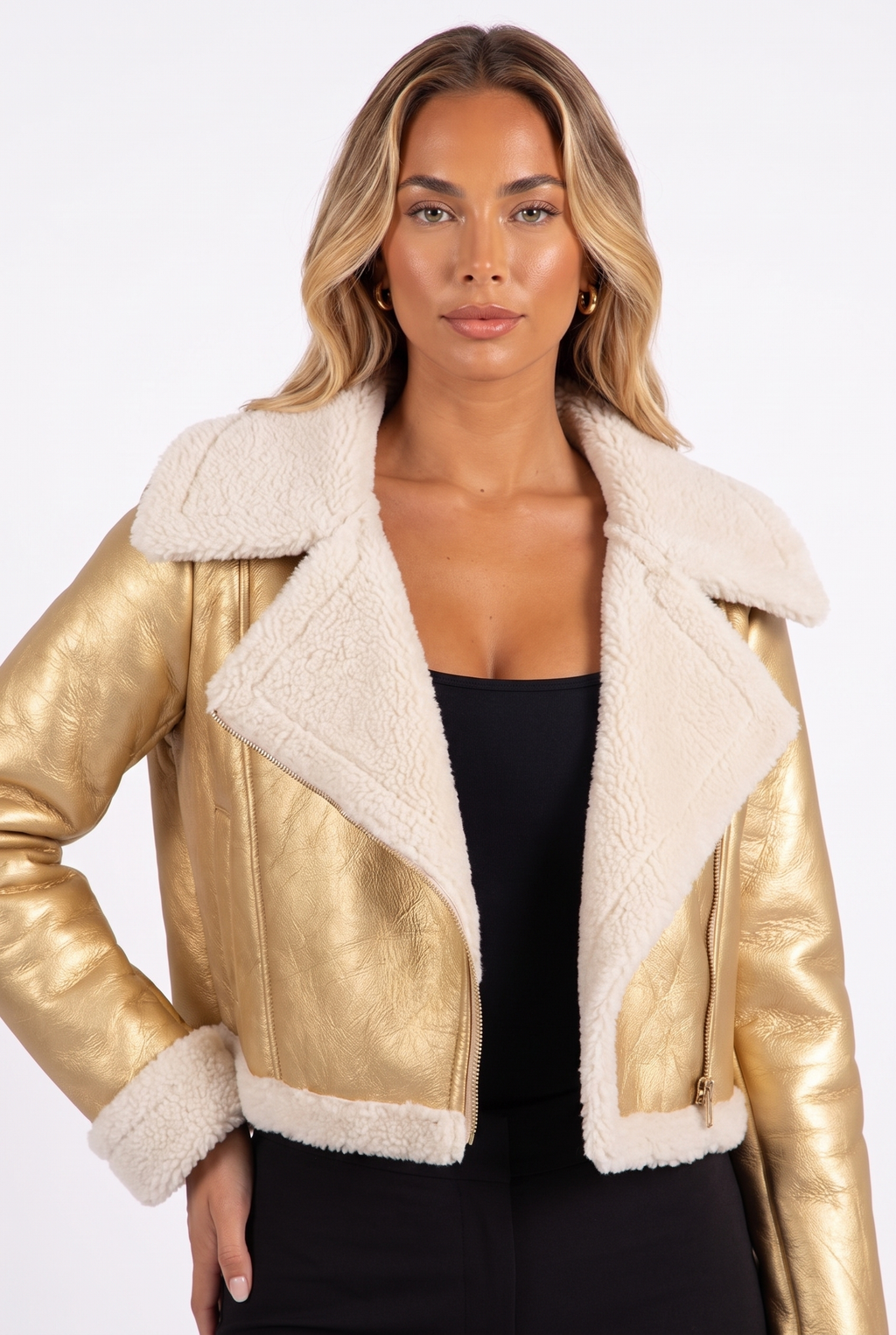 Metallic gold faux-leather cropped moto jacket with faux shearling trim — shearling collar and cuff detail
